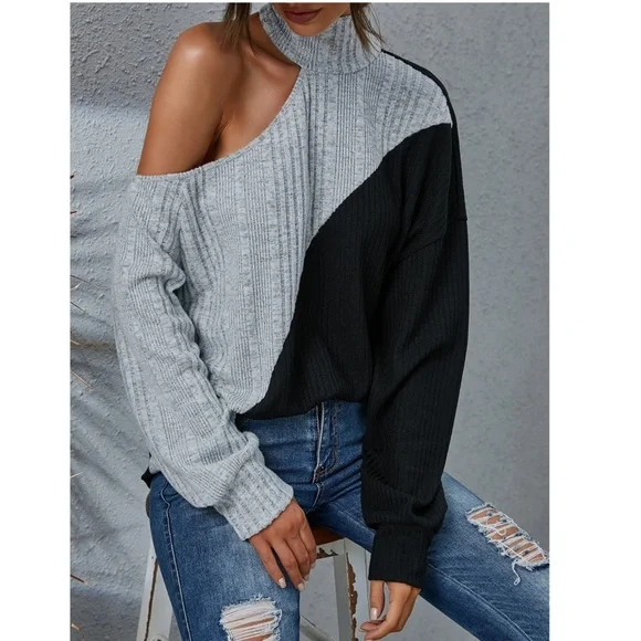 Colorblock Grey and Black Long Sleeve Tee Shirt Rib Knit Cut Out One Shoulder - Picture 4 of 9